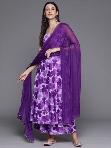 Purple Floral Printed Anarkali Kurta Paired With Tonal Printed Bottom And Dupatta